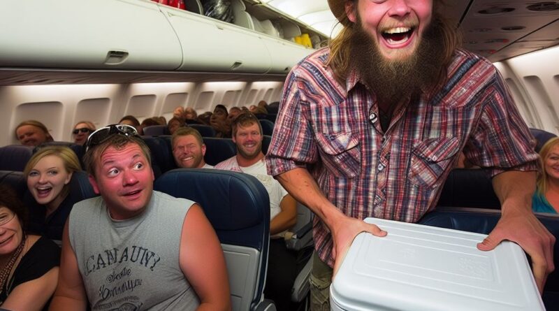 Man with cooler on plane, created by DALL-E