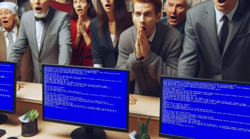 Frustrated guests line up behind a front desk as computers blue-screen (generated by AI)